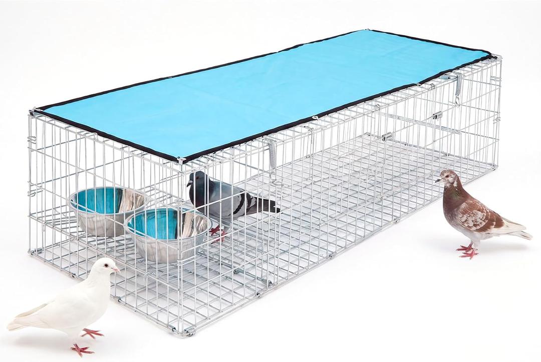 35 x 16 x 8 Inch Foldable Large Pigeon Trap Cage up to 12 Birds, Water Container & Food Pan, Pigeon Trap with 3 One-way Doors, Shade, Collapsible & Portable for Outdoor Use, Humane Bird Control