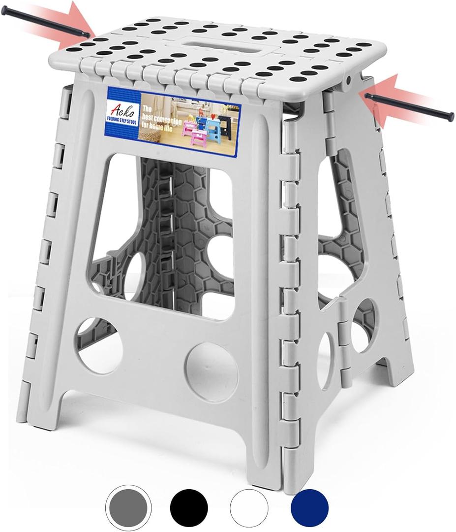 ACKO Folding Step Stool Foldable 16 Inch 400 lbs Capacity, Plastic Stools for Adults and Kids, Collapsible Stools for Kitchen, Stepping Stool with Handle(Grey) (Gray)