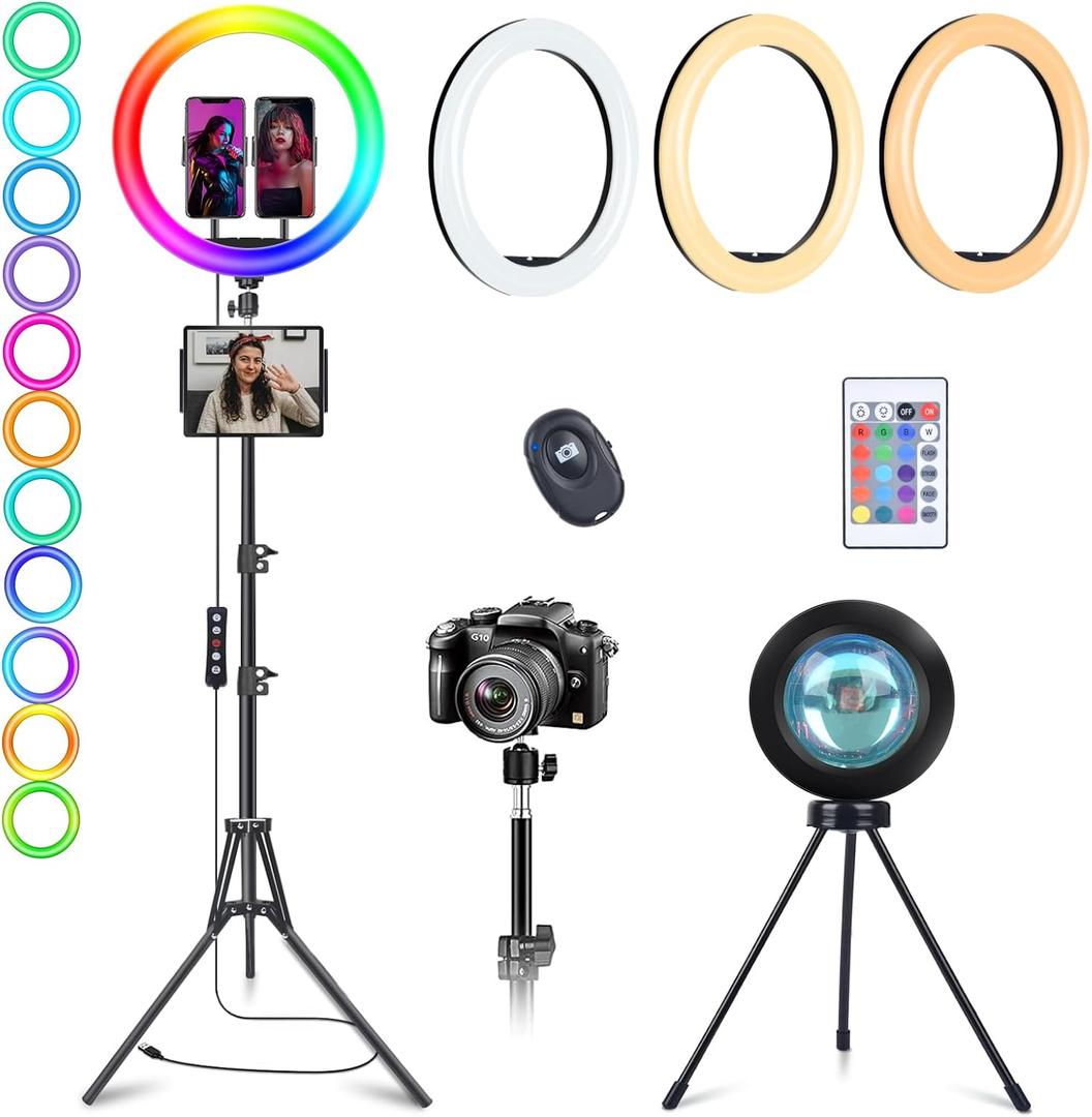 13" RGB Selfie Ring Light with Stand 76" Tall & 2 Phone Holders, Tablet Holder, Sunset Lamp & 51 Color Modes, Desk Tripod, 12 Dimming Levels Halo Light, LED Camera Ringlight for iPhone/TikTok/YouTube