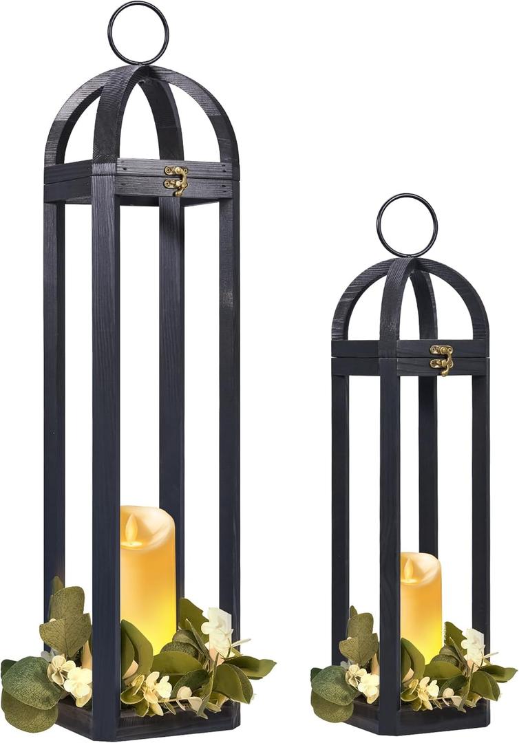 HPC Decor Rustic Farmhouse Lantern Decor-2 Pack Tall 30 Vintage Wooden Lanterns, Modern Candle Lanterns Decorative w/Light String &Garland for Indoor, Outdoor, Fireplace Mantle Decor, Extra Large Black