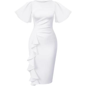 Memoriesea Women's Basic Vintage Ruffle Sleeve Ruched Bodycon Work Midi Pencil Dress, XXL