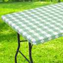 Rectangle Vinyl Table Cloth, Waterproof Elastic Fitted Tablecloth with Flannel Backing, Plastic Table Cover for Picnic, Camping, Outdoor (White & Sage Green, 30"x72")