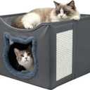 Cat Beds for Indoor Cats, Large Cat Houses with Cozy Condo,with Premium Tech Fabric& Scratch Pad, Round Window, Foldable Indoor Cat House Hold Up to 30LBS, with Reversible Cushion for Multi Small Pet