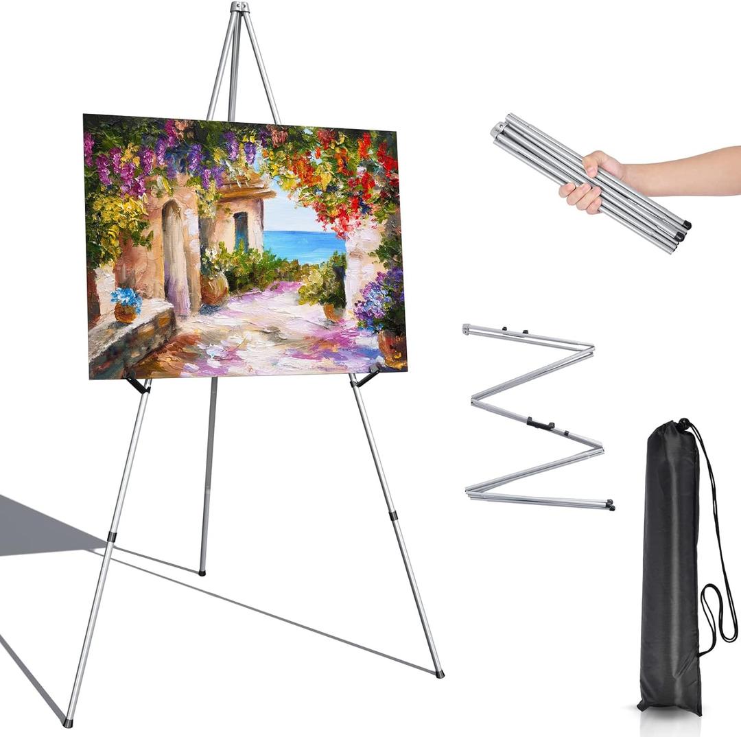 Portable Art Easel Stand 63 Inches - Silver Picture Stands for Display w/Bag - Tabletop Art Easel Stand for Sign, Wedding Signs, Poster Stand, Painting Canvas Stand - Metal Tripod, Easels for Display
