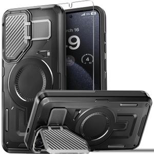 for Samsung Galaxy S25 Case,Galaxy S24 Case with Screen Protector,[Compatible with Magsafe][Adjustable Camera Stand] Military-Grade Shockproof Protective Magnetic Cover-Black