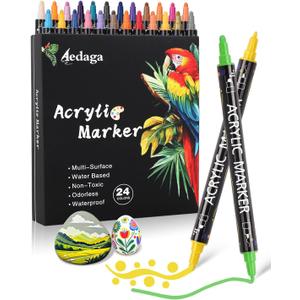 24 Colors Acrylic Paint Markers for Rock, Fabric, Wood, Glass, Eggs, Scrapbook - Easter Basket Stuffers, Dual Tip Acrylic Paint Pens for Coloring Books for Adults, Teens