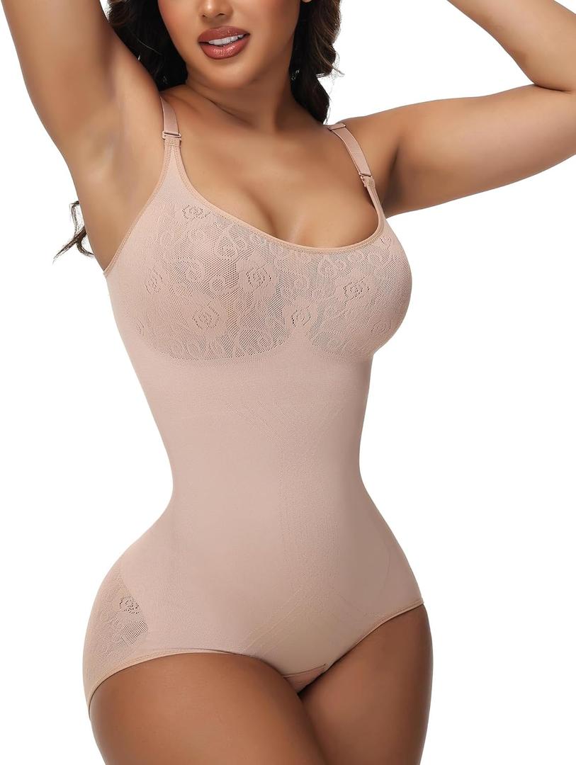 SHAPSHE Shapewear Bodysuits for Women Tummy Control Body Shaper Seamless Sculpting Snatched Low Back Waist Body Suit (Small, Tan)