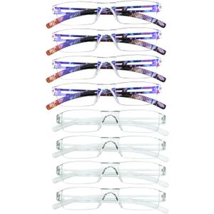 VisionGlobal 8 Pairs Reading Glasses, Blue Light Blocking Glasses, Computer Reading Glasses for Women and Men, Fashion Square Eyewear Frame (4bluefloral+4clear,+2.25 Magnification)
