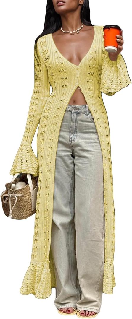 Unybwonn Long Cardigans for Women Crochet Hollow Out Knit Sweater Cover up Maxi Dress Long Sleeve Button Down Cardigan (Small, Yellow)