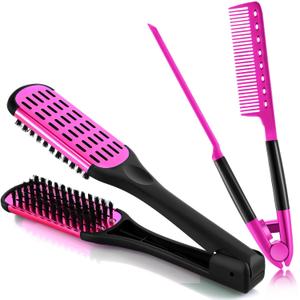 Chengu Hair Brush, Boar Bristles Clamp Double Sided Brush & V Shaped Styling Hair Comb, Straightening Knotty Unkempt Hair (Rose Red, Pink)