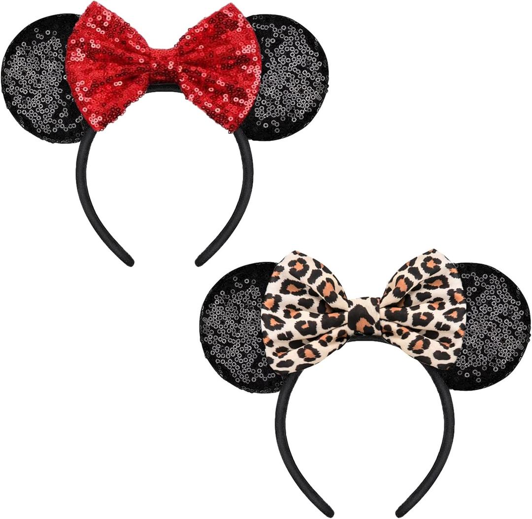 2 PCS Mouse Ears, Shiny Sequin Bow Mouse Ears Headbands for Adult Women Girls Christmas Birthday Party (Red&leopard)