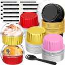 Mini Cake Pans with Lids and Spoons (100 Pack,Mixed color,5oz) Round Disposable Ramekins - Sturdy Aluminum Foil Cupcake Liners with Lids for Dessert and Party