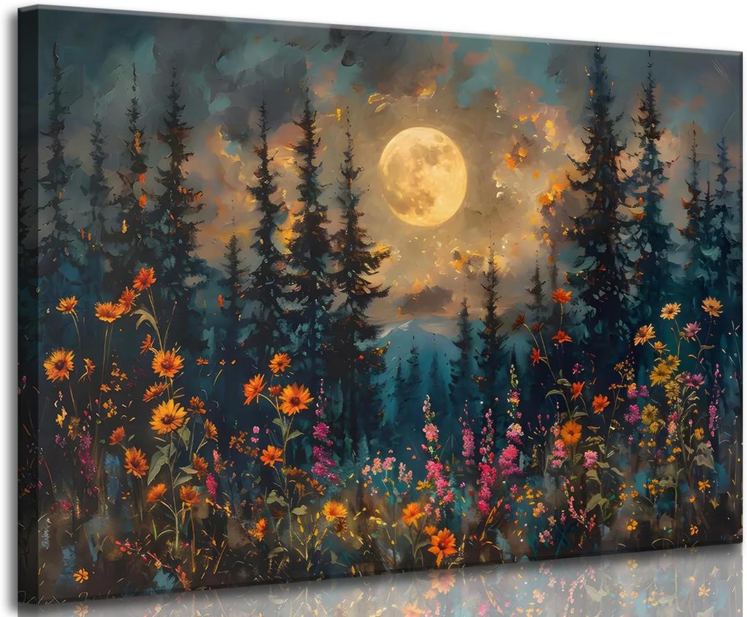 Full Moon Forest Canvas Wall Art Moonlit Pine Tree Mountains and Wildflowers Woodland Nature Landscape Picture Wall Decor Poster Print Artwork for Bedroom Living Room Home Decoration, 24"L x 16"W