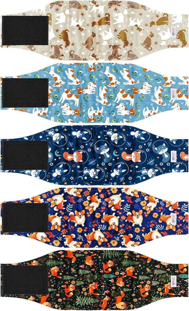5 Pack Dog Diapers Male Reusable, Premium Belly Bands for Male Dogs, High Absorbing Dog Pee Wraps for Doggie in Incontinence or Excitable Urination and Training Flower L (Cute Puppy)