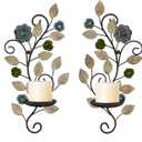 Metal Wall Candle Sconce Holders Set of 2, Rustic Leaf and Flower Branch Candle Holder Wall Decoration for Living Room Farmhouse Wedding Fireplace (Antique Color)