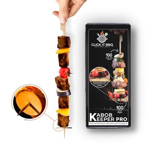 CLICK IT BBQ - Kabob Keeper Pro - Bamboo Skewers - Kebab Skewers with Innovative Stopper Disks to Lock Food in Place - 100 Count