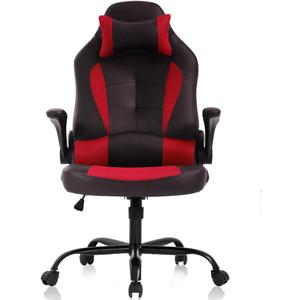 Dkeli Gaming Chair Office Chair Desk Chair Ergonomic High Back Computer Chair with Lumbar Support Flip-up Arms Headrest PU Leather Swivel Task Chair (Red)