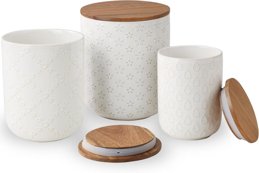 Canisters Sets for the Kitchen, White Ceramic Canister Set with Airtight Wood Lids, 3 Pcs Embossed Food Storage Jars Containers for Flour, Sugar, Spice, Coffee, Tea (70/40/25 oz)