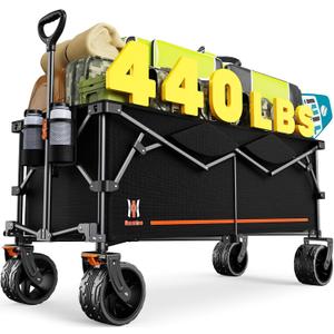 Navatiee 300L Extra Large Collapsible Wagon Cart Foldable, 48''L Extended Heavy Duty Folding Beach Wagon with 440LBS Weight Capacity and Big Wheels, Utility Garden Cart for Sports Camping