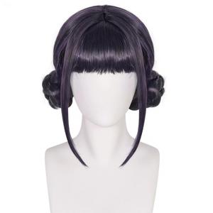 Black Purple Wig with 2 Buns Short Black Purple Hair Double Braided Buns for Women Singers Idols Characters Cosplay Anime Wigs for Halloween Stage Costume Outfit Party +Hair Cap