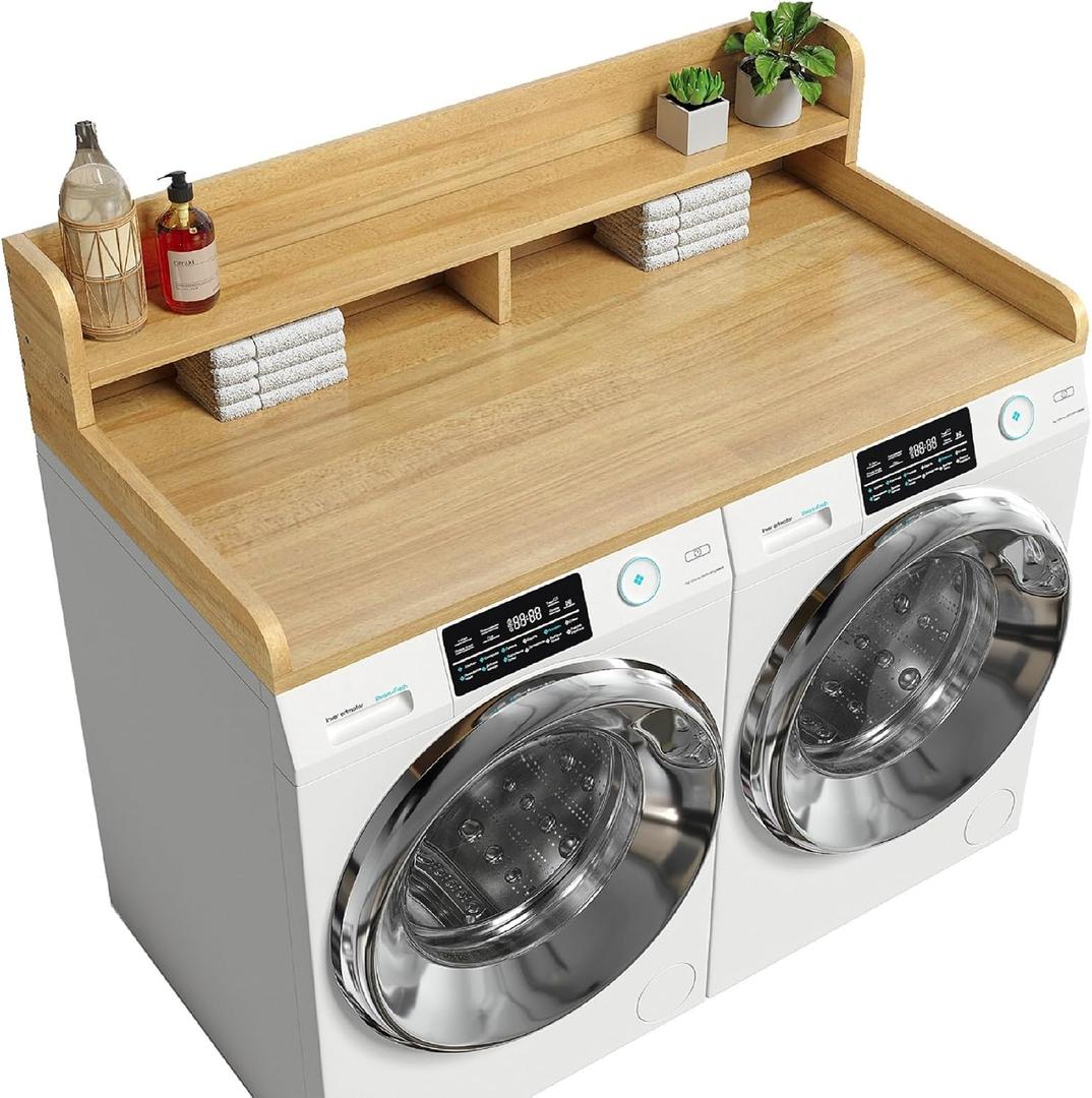 sykart Washer and Dryer Countertop with Shelf, 2-Tier 54" x 27.5" Wood Laundry Countertop Non-Slip Pads, Washer Dryer Topper with High Edge Rails and Hooks, Waterproof & Heat Resistant Top (Gray)