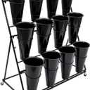 3 Tiers Metal Flower Plant Display Stand Shelf with Wheels and 12 Flower Buckets, 3 Layers Indoor Outdoor Moving Florist Bouquet Shelf, for Patio Garden, Living Room, Florist (Black)
