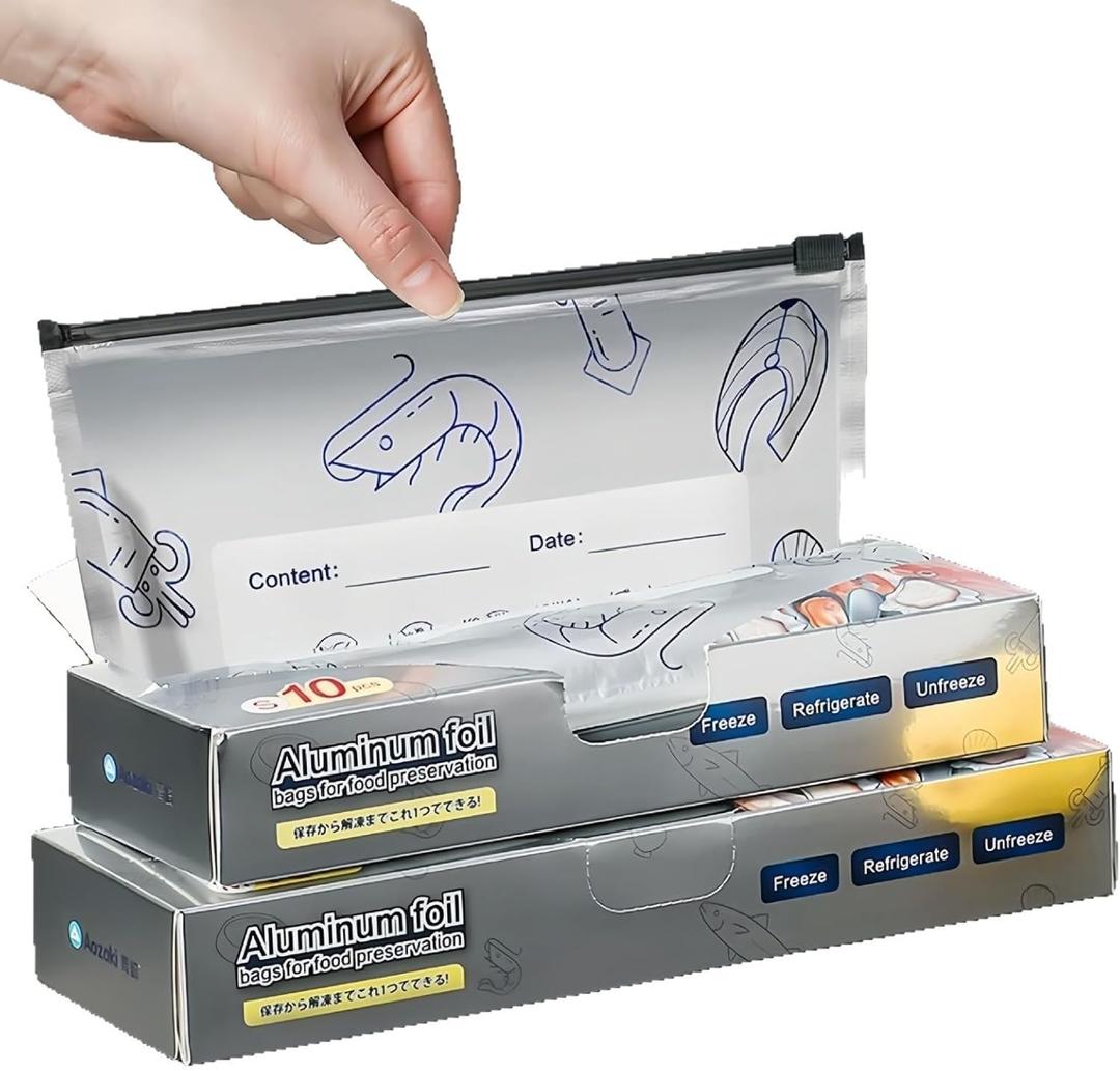 2 x Reusable Aluminum Foil Bags, Freezer Safe & Leak Proof Stand Up Storage Bags with Zipper for Meat Seafood Vegetables, Heavy Duty BPA Free Food Storage Containers (Medium)