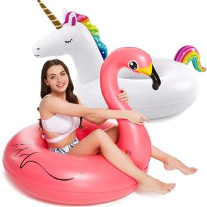 Inflatable Unicorn Flamingo Pool Floats - Jasonwell 2 Pack Pool Floaties Inflatables Rafts for Swimming Pool Tubes for Floating Lake Beach Floaty Swim Rings Pool Party Toys for Adults Kids (White And Pink)