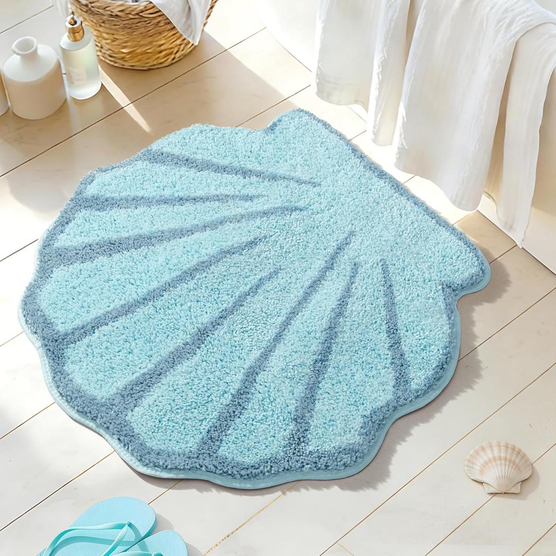 Seashell Bathroom Rugs and Mat Cute Beach Bath Mat for Cartoon Sea Bathroom Decor Aqua Blue Bath Rugs Plush Non-Slip Foot Mat Absorbent Bathtub Rug Washable (1'11" (Round))