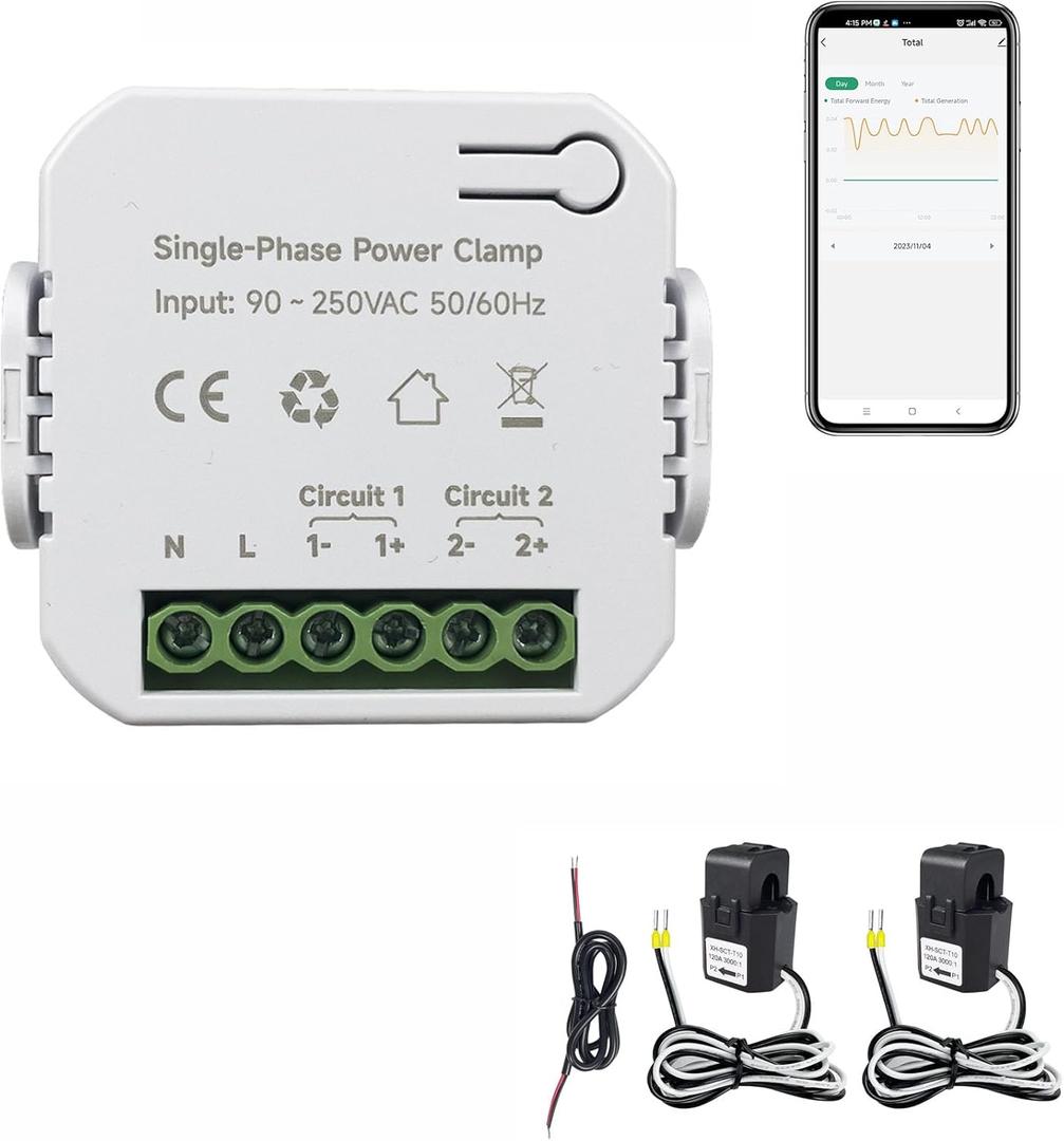 Energy Monitor, Home Smart Single Phase Clamp Electricity Meter with 2 * 120ACT Current Transformer, WiFi, Real-Time Electricity Monitor/Meter, Solar/Network Metering