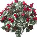 8 Pack Artificial Christmas Flowers with Holly Berries, Pine Cones, Green Leaves, Faux Floral Stems for Holiday Decor