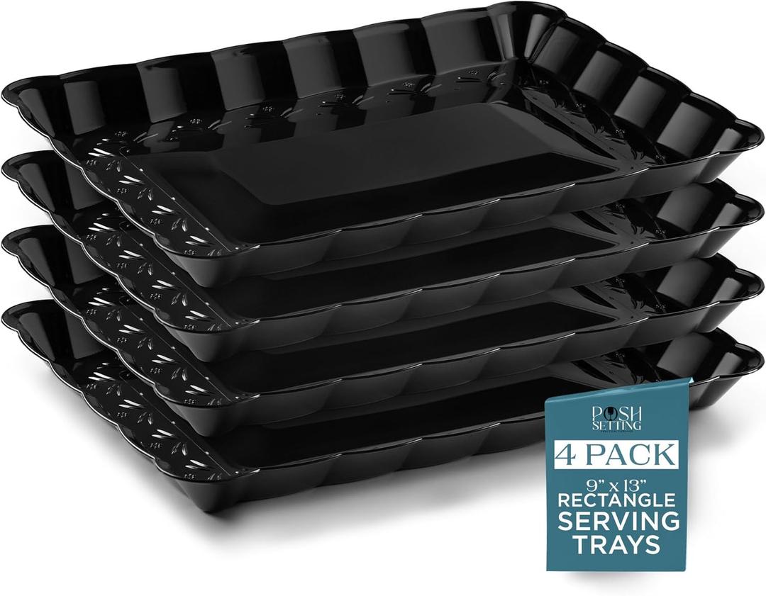Posh Setting Black Serving Trays Disposable - Plastic Platters - Plastic Platters and Trays for Party- Black, Gold & Clear, White Serving Dishes, 9"x13", 4 Pack