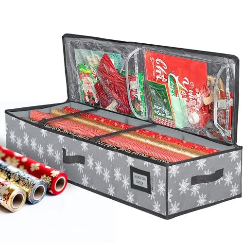 HOLDN’ STORAGE Premium Wrapping Paper Storage Container - Durable 600D Tear-Proof, Fits 27 Rolls Gift Wrap, Extra Pockets for Ribbons & Bows, Underbed Storage - Ideal for Holiday Christmas, Grey/White Snowflakes