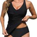 Yonique Tankini Swimsuits for Women Tummy Control Bathing Suits Two Piece Tankini Tops with Bikini Bottoms Twist Swimwear (Medium, Black)