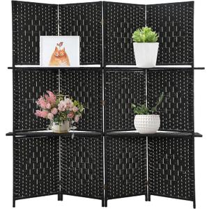 Room Divider 4 Panel Room Screen Divider Wooden Screen Folding Portable Partition Screen Wood with Removable Storage Shelves Color,Black
