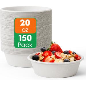 ECOLipak 20 OZ 150 Count Paper Bowls, Disposable Compostable Large Soup Bowl, Heavy Duty Bagasse Bowls for Family Lunch, Dinner Meals, Camping, Party (White)