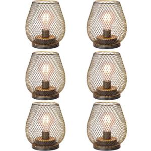 DECORKEY Set of 6 Battery Operated Lamp LED Table Lantern, Golden Metal Cage Cordless Lamps with LED Bulb, Vintage Decorative Outdoor Lantern for Weddings, Party, Patio, Events for Indoors Shelf Decor