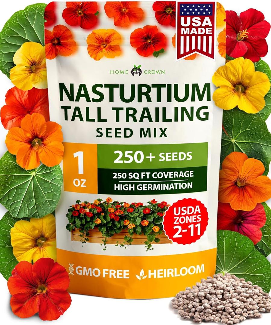 HOME GROWN Nasturtium Seeds Dwarf Tall Trailing Mix 250+ Edible Flower Seeds for Planting Outdoors Fast Germination, Low-Maintenance Climbing & Trailing Nasturtium (Tropaeolum majus) (1-Pack)