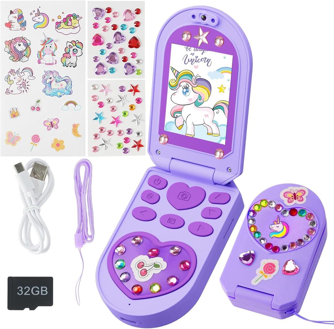Kids Phone Toys for Girls, Christmas Birthday Gifts for Kid Age 3-8, Flip Phone Toy Mobiles with HD Dual Cameras, 1080P Video, Music Player, Games, Kid's Camera with DIY Stickers, 32GB Card, Purple