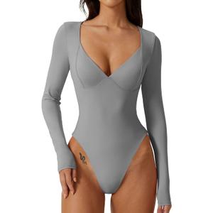 QINSEN Women's Long Sleeve Bodysuit V Neck Body Suits Seamed Cup Going Out Tops Shirt (Gray, XL)