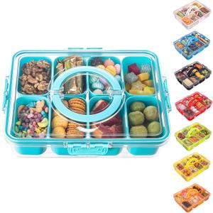 Divided Serving Tray with Lid and Handle - Snackle Box Charcuterie Container for Portable Snack Platters Organizer for Candy, Fruits, Nuts, Snacks - Perfect for Party, Entertaining, Lake blue