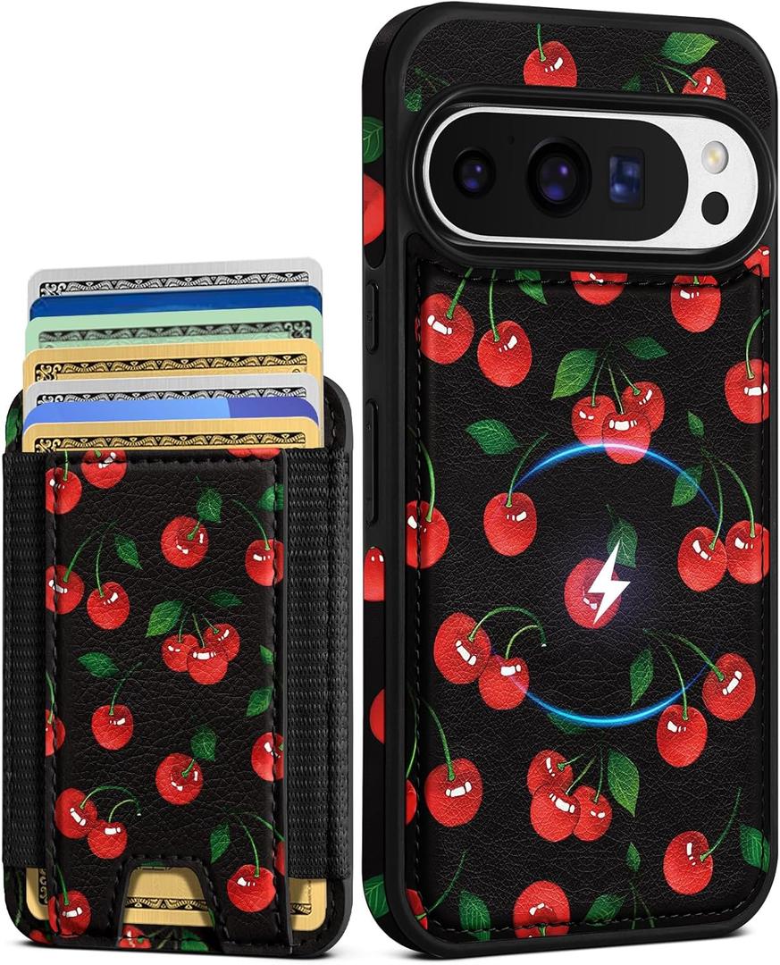 Shorogyt for Google Pixel 9/9Pro Cute Kawaii Leather Phone Case - Compatible with Magsafe Wallet Magnetic Credit Card Holder Fashion Cherry Design Phone Cover for Women Girls, Fits 7 Cards