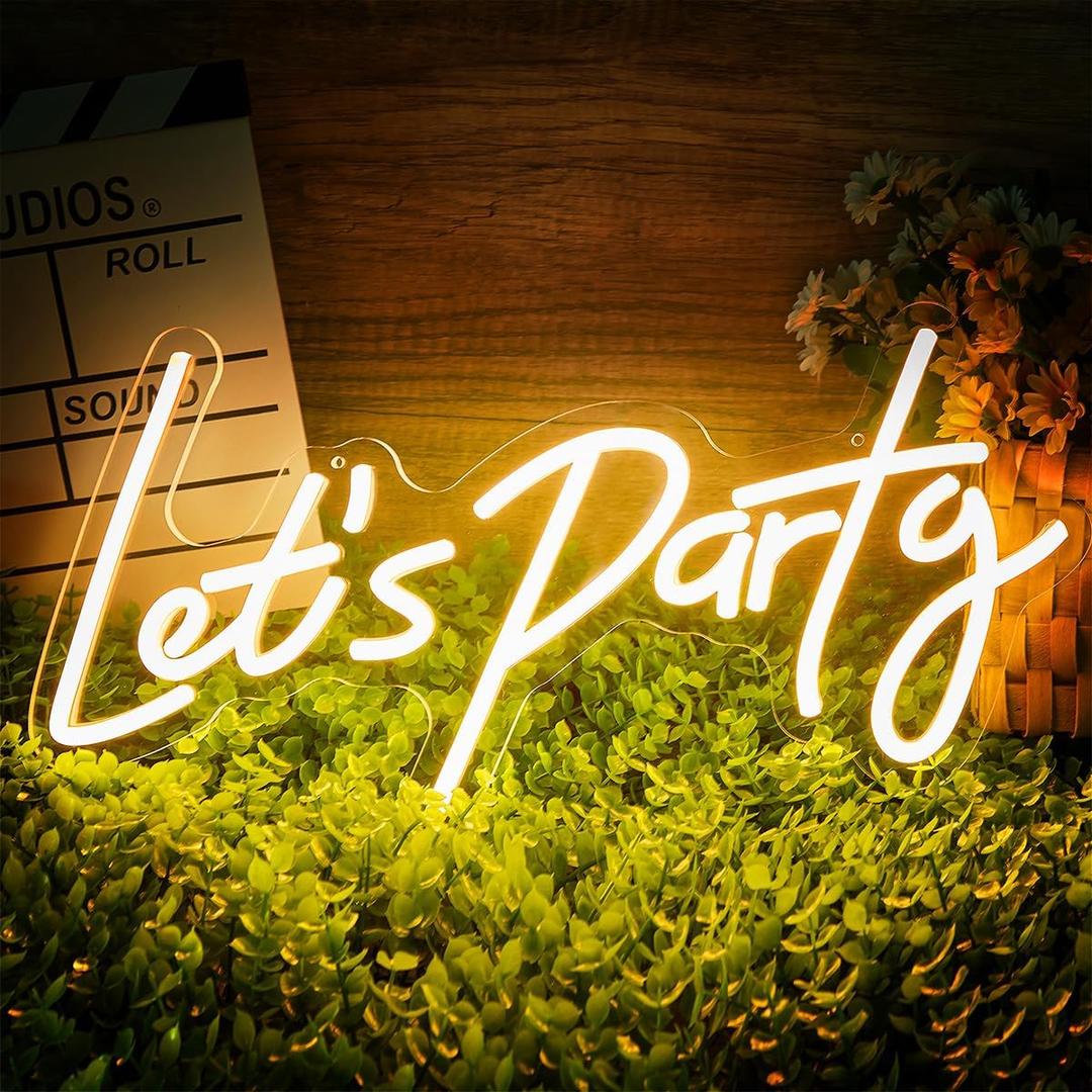 Lets Party Neon Sign for Party Wall Decor, Neon Party Decorations LED Glow Lights Supplies Accessories, Warm White, 16.5x8.4 inch