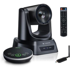 TONGVEO AI Wireless PTZ Camera System with Auto Tracking Built-in Receiver & Bluetooth Speakerphone, 5.8GHz 1080P 60fps Conference Camera with 3X Optical Zoom, for Church Zoom, OBS Meetings