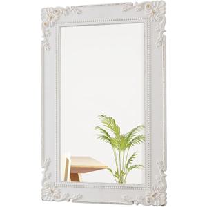 Antique White Bathroom Mirror 24 x 36 Inch, Hanging Distressed Gold Mirror Vintage, Rustic Wood Frame with Beaded Detailing Rectangular Vintage Mirrors for Wall, Horizontal or Vertical