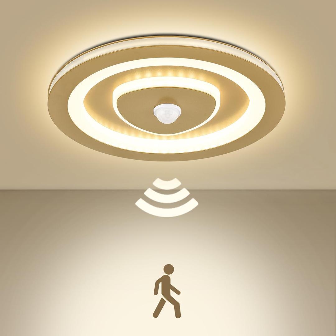 DANSEER 10 Inch Round LED Ceiling Light with Motion Sensor, 850LM 4000K Natural White, Indoor Dome Light, Ideal for Closet, Hallway, Stairsor, Kitchen Pantry Lighting (Gold)