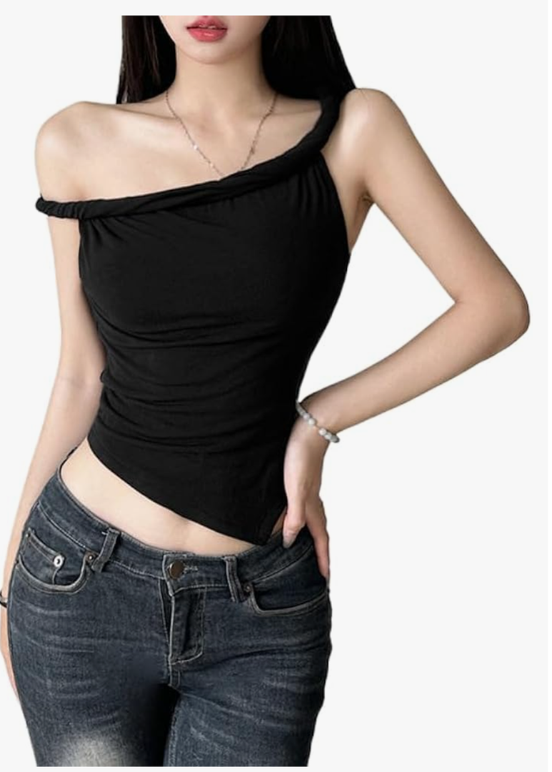 Women's Off The Shoulder Top Sleeveless Twist Ruched Strap Tank Tops Going Out Crop Tops Y2K Summer Slim Fit Tee Tops, Medium, Black 
