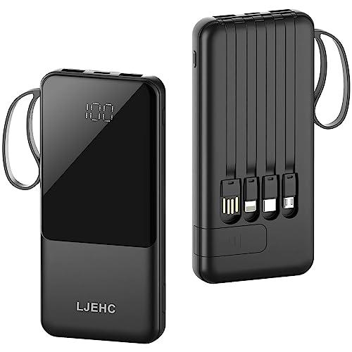 Portable Charger with Built in Cables,10000mAh Slim USB C Power Bank,5 Output 3 Input LED Display High Speed External Battery Pack Travel Phone Charger for iPhone Samsung Pixel LG Moto iPad,Black