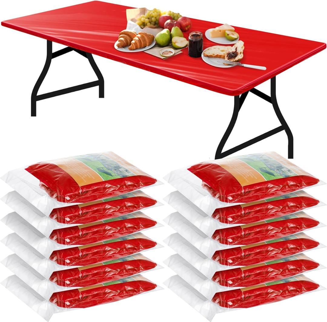 Boao 6 Pcs Disposable Plastic Tablecloth Parties Picnic Table Covers with Elastic Fitted Elastic Plastic Table Cover Rectangle Waterproof for Indoor, Outdoor, Picnic, Camping (Red,96 x 30 Inch)