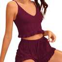 Avanova Women Sexy 2 Piece Pajama Set Ruffle Trim Cami Top and Shorts Sleepwear Set (Red, XS)